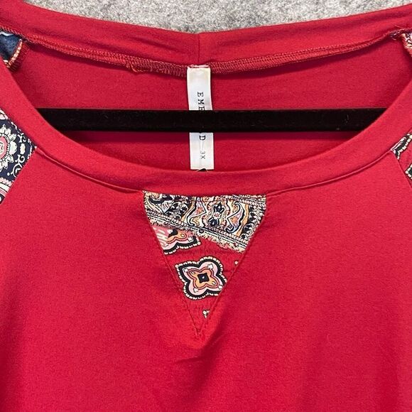 EMERALD Top 3XL Red Rayon Blend Patchwork Long Balloon Sleeve Raglan Blouse EUC - Picture 4 of 14